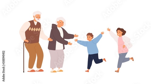 Happy grandchildren running to smiling grandmother and grandfather. Scene of family hug or relations. Retired grandparents welcome children on white. Flat vector cartoon illustration isolated on white