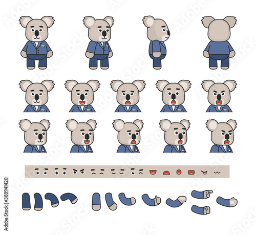 Cute koala character in blue suit creation kit. Create your own action, pose or animation. Vector illustration bundle