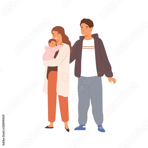 Happy young family with child standing together. Portrait of cute mother, father and infant baby isolated on white background. Vector illustration in flat cartoon style