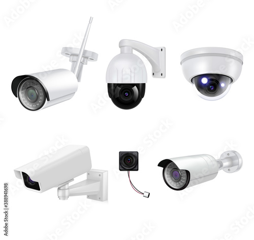 Video Surveillance Security Cameras Realistic Icon Set