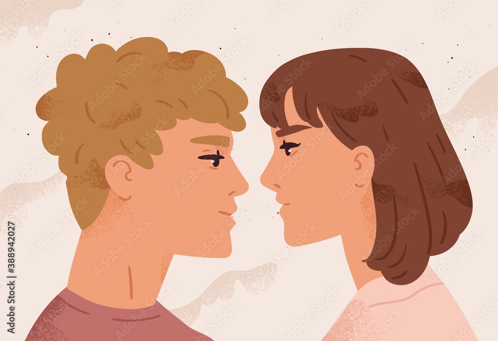 Cute couple looking at each other. Boyfriend and girlfriend in love. Passion, tenderness and romance between young man and woman. Vector illustration in flat cartoon style Cute couple looking at each other. Boyfriend and girlfriend in love. Passion, tenderness and romance between young man and woman. Vector illustration in flat cartoon style