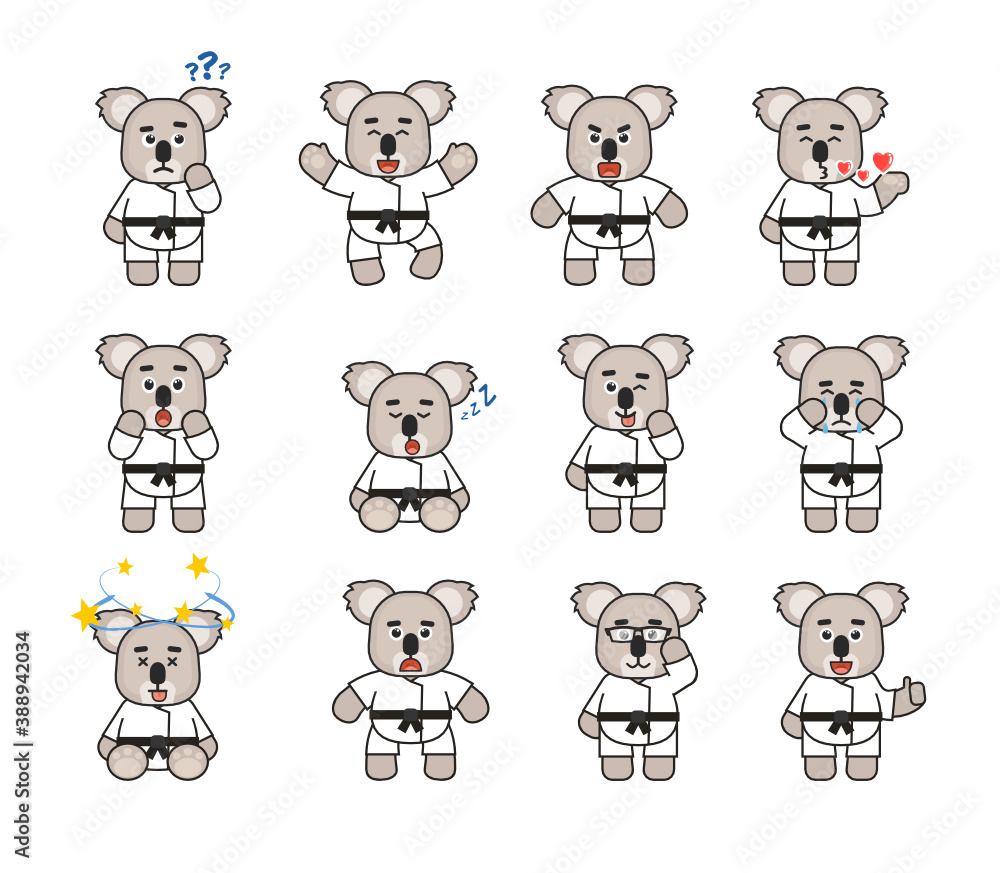 Set of karate koala mascots showing various emotions. Cute karate koala laughing, crying, angry, sad, sleeping and showing other expressions. Vector illustration bundle