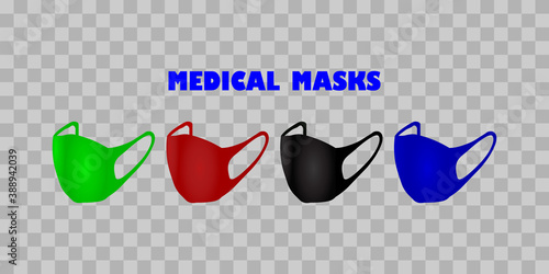  Medical masks front to protect people from viruses. Masks for protection against coronavirus,infections,bacteria and contaminated air. Set of multicolored masks. Vector