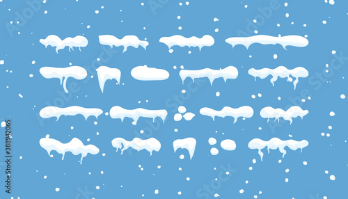 Lumps,heaps of snow on a Christmas blue background. Winter snowballs.Heaps of snow on a flat blue background.Vector illustration