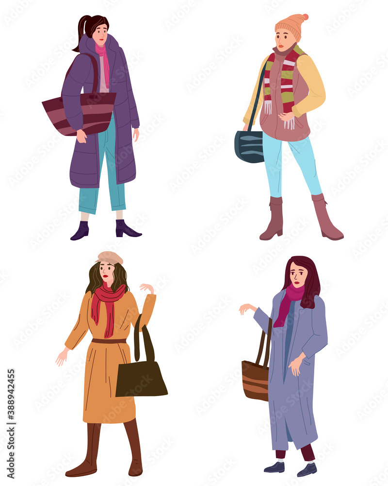Set Young womans in autumn trendy clothes street fashionable style outwear female. Trendy vector style