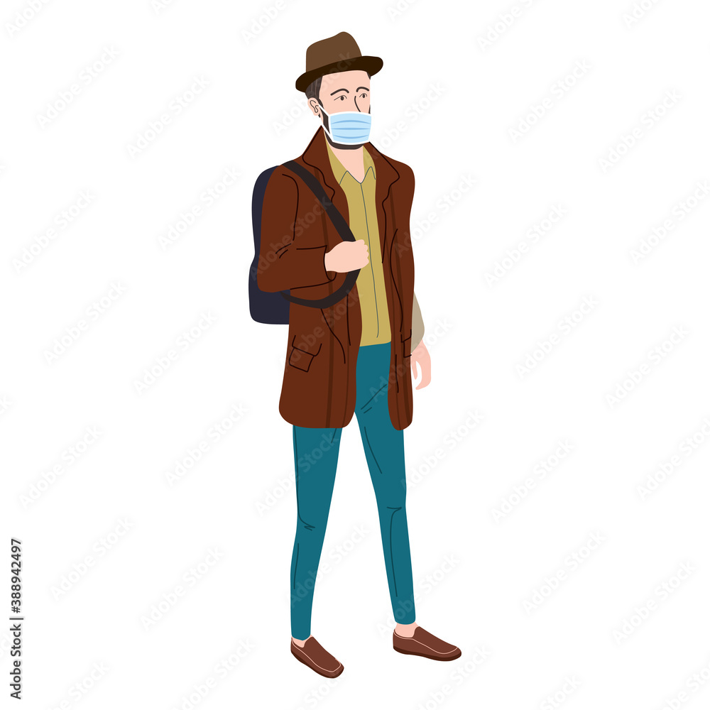 Young man student in modern autumn trendy clothes. In medical mask, individual protection from viruses, smog, vapor. Fashion casual outerwear street style character. Flat cartoon style vector isolated