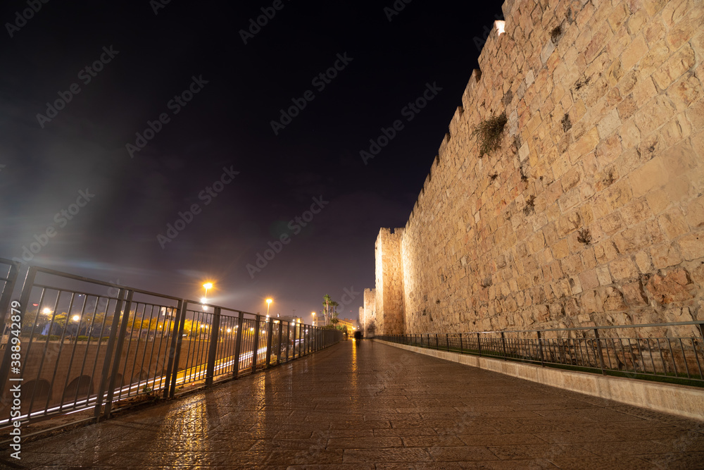 The promenade next to the walls of the Old City at night, Jerusalem, Israel.