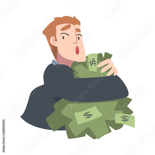Rich Greedy Businessman Hugging Big Pile of Money, Wealthy Person, Millionaire Character, Financial Success, Profit, Income Concept Cartoon Style Vector Illustration