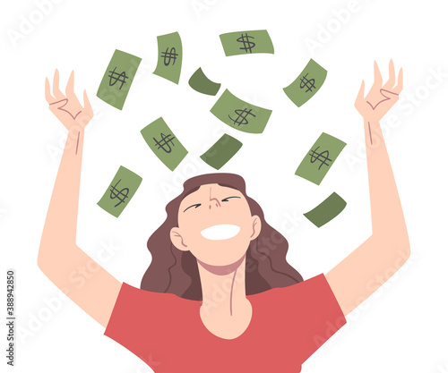 Happy Young Woman Throwing her Money up in the Air, Money Rain, Financial Success, Profit, Income Concept Cartoon Style Vector Illustration