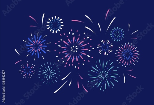 Exploding festival firework. Festive show in night sky. Flashes of celebratory salutes. Holiday celebration scene. Colorful flat vector cartoon illustration