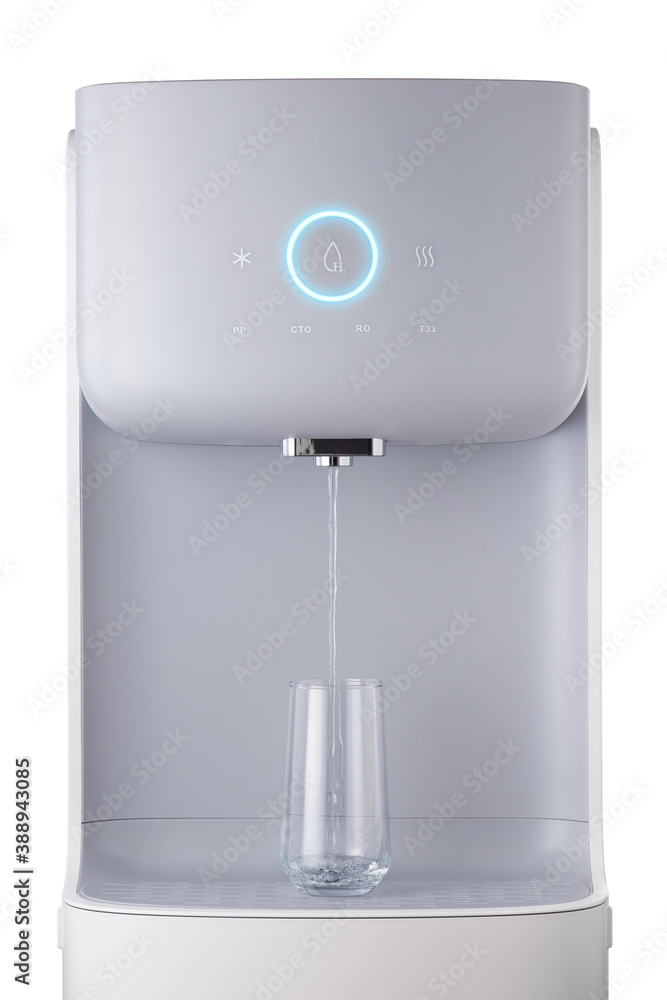 Modern technology concept. New water cooler format. A glass of pouring water. Touch panel with glowing indicator. Technological design. Modern technology concept. New water cooler format. A glass of pouring water. Touch panel with glowing indicator. Technological design.