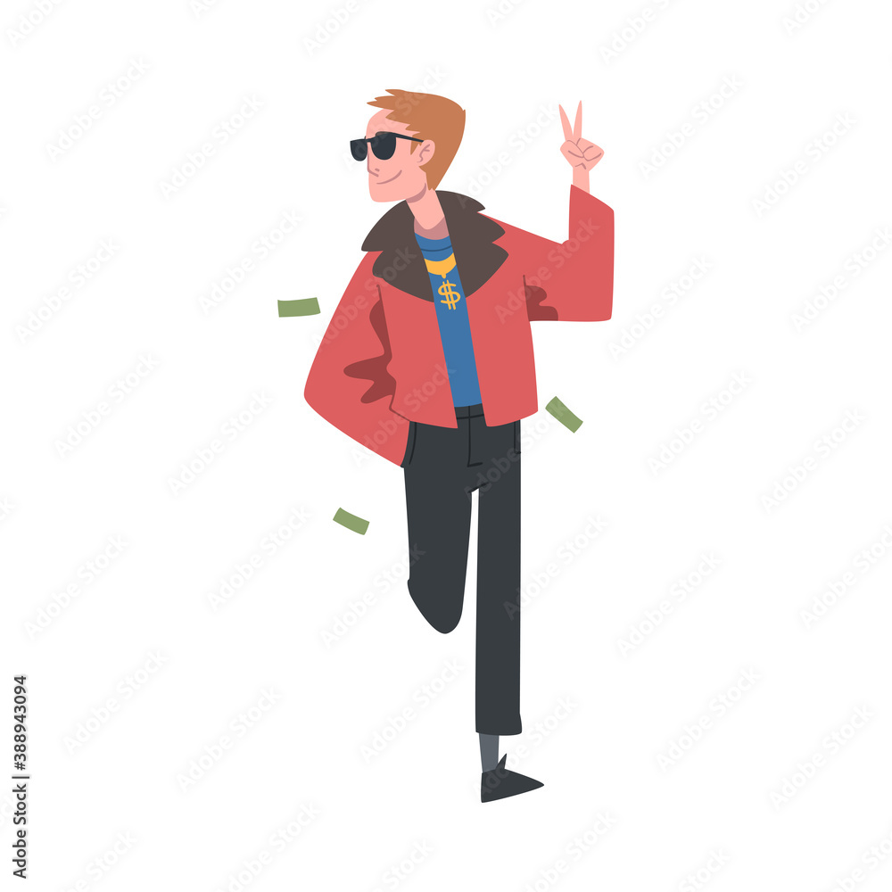 Successful Young Man Walking with Money Flying Out of his Pockets, Financial Success, Profit, Income Concept Cartoon Style Vector Illustration Successful Young Man Walking with Money Flying Out of his Pockets, Financial Success, Profit, Income Concept Cartoon Style Vector Illustration