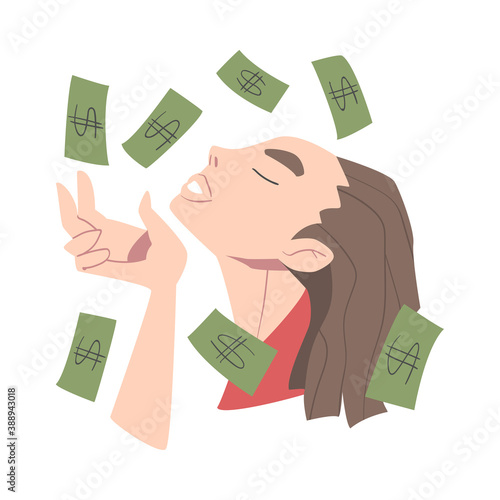 Rich Businesswoman Standing under Money Rain, Financial Success, Profit, Income Concept Cartoon Style Vector Illustration