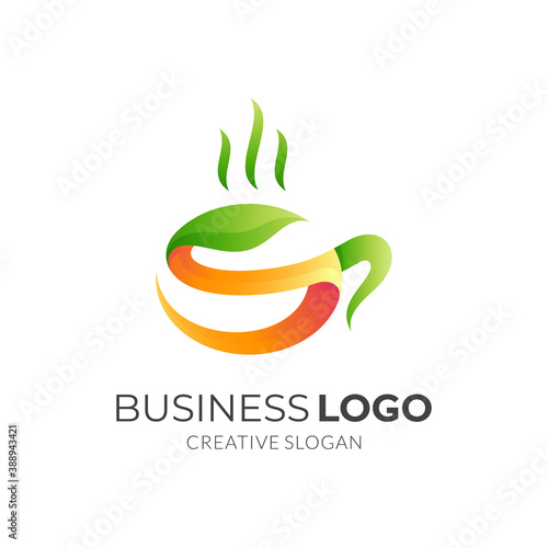 herbal tea logo, cup and leaf, combination logo with 3d green and yellow color style