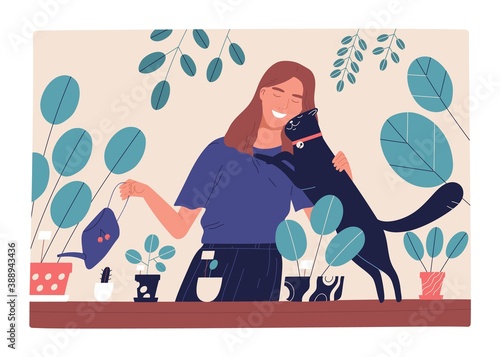 Woman watering houseplants and hugging cute black cat. Scene of love and friendship between human and pet. Smiling female character with domestic animal. Flat vector cartoon illustration
