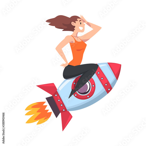 Smiling Young Woman Flying on Space Rocket  Leadership  Achievement  Competition  Success Concept Cartoon Style Vector Illustration