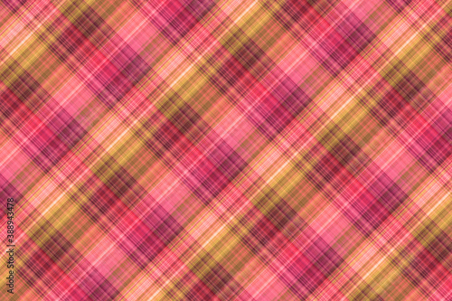 Seamless illustration of tartan plaid pattern. Checkered fabric texture print in pink and green.