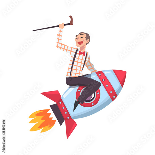 Happy Mature Man with Walking Cane Flying on Space Rocket, Leadership, Competition Concept Cartoon Style Vector Illustration