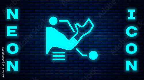 Glowing neon Prosthesis hand icon isolated on brick wall background. Futuristic concept of bionic arm, robotic mechanical hand. Vector.