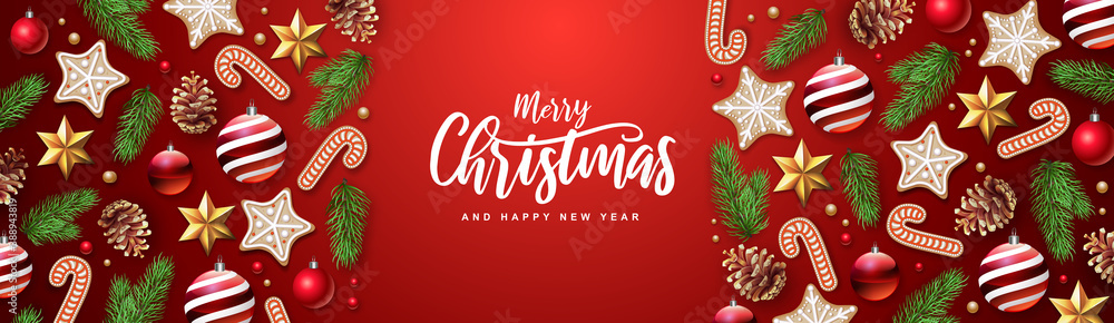 Merry Christmas and Happy New Year greeting card. Christmas holiday background with fir tree, snowflakes, glass balls, pine cones and stars Merry Christmas and Happy New Year greeting card. Christmas holiday background with fir tree, snowflakes, glass balls, pine cones and stars