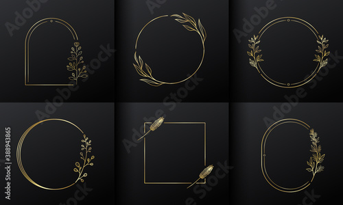 Golden circle flower frame for monogram logo design. Gradient gold flower border.
