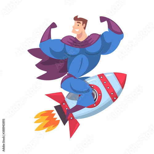 Powerful Superhero Man Flying on Space Rocket, Leadership, Achievement, Competition, Success Concept Cartoon Style Vector Illustration