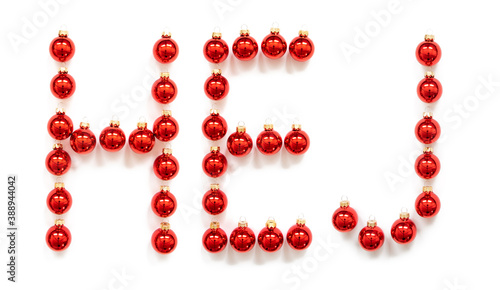 Red Christmas Ball Ornament Building Swedish Word Hej Means Hello. Festive Christmas Decoration. White Isolated Background
