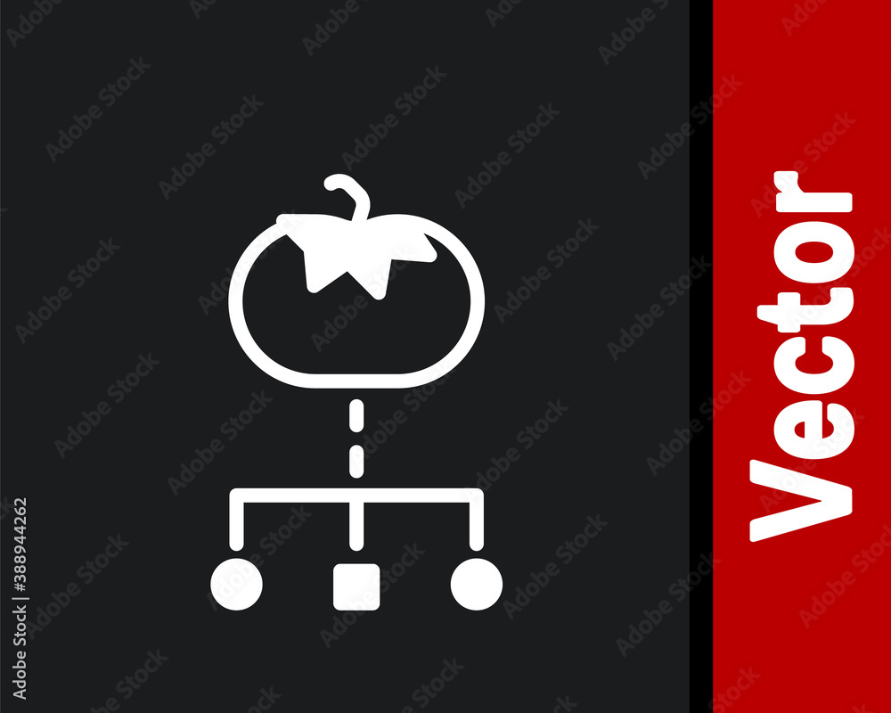 White Genetically modified food icon isolated on black background. GMO fruit. Vector.