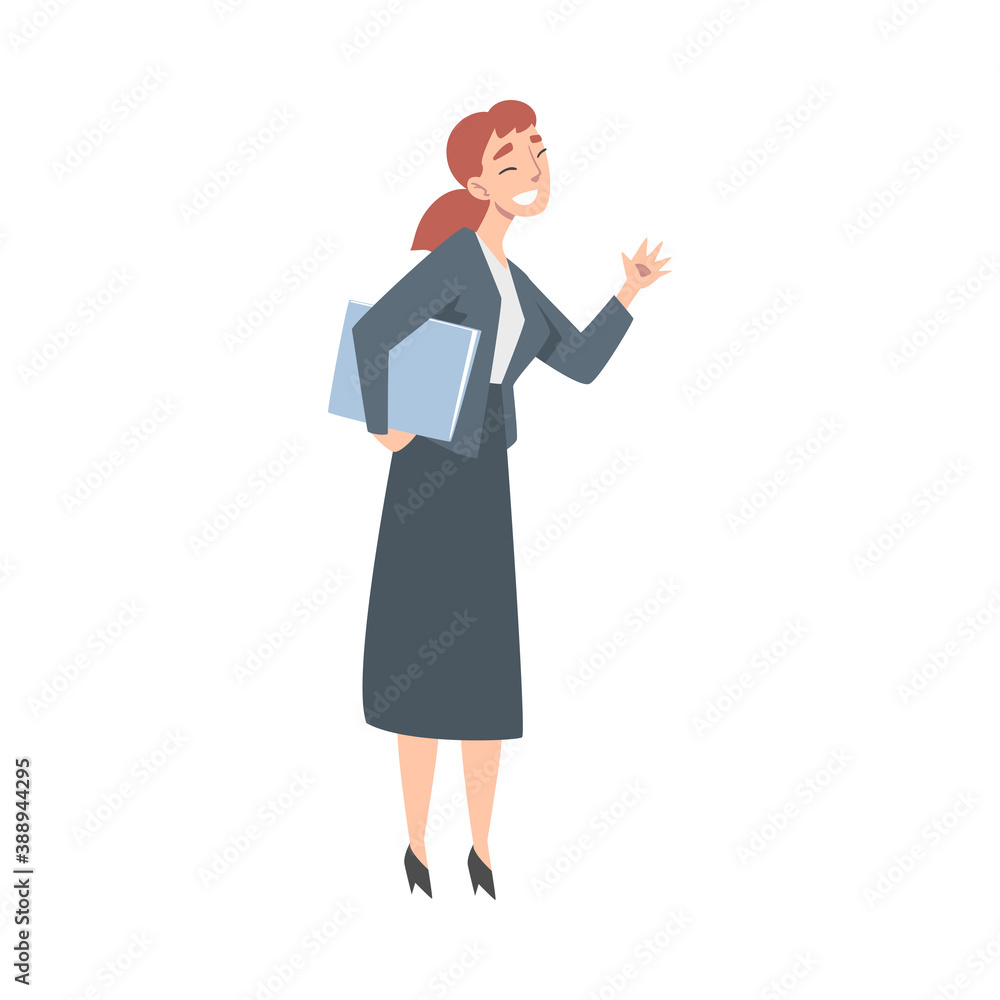 Smiling Business Woman Character, Female Secretary with Documents Folder Cartoon Style Vector Illustration Smiling Business Woman Character, Female Secretary with Documents Folder Cartoon Style Vector Illustration