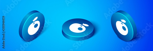 Isometric Genetically modified apple icon isolated on blue background. GMO fruit. Blue circle button. Vector.