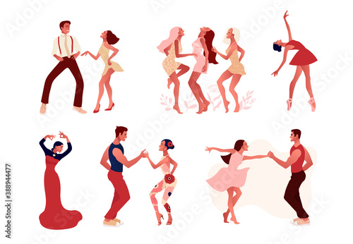 Dance studio. Set of happy active positive mem and women dancing. Ballerina in a tutu, wearing pointe shoes, couple dancing salsa, flamenco dancer . Vector illustration