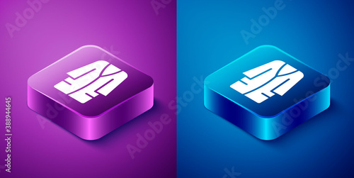 Isometric Bathrobe icon isolated on blue and purple background. Square button. Vector.