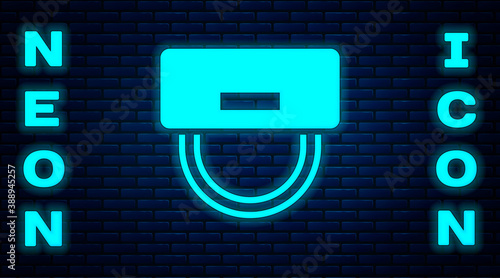 Glowing neon Bellboy hat icon isolated on brick wall background. Hotel resort service symbol. Vector.
