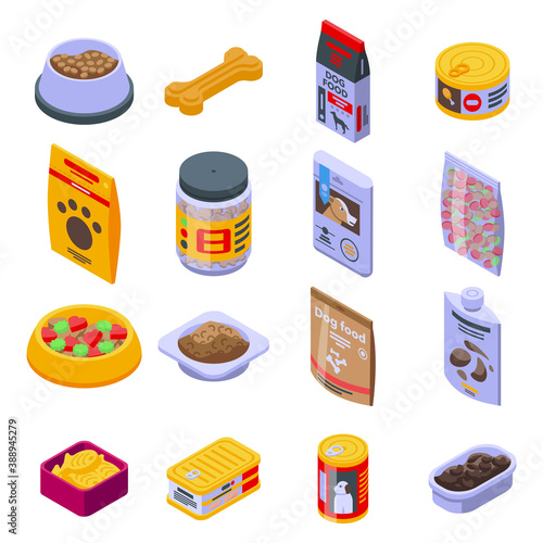Dog food icons set. Isometric set of dog food vector icons for web design isolated on white background