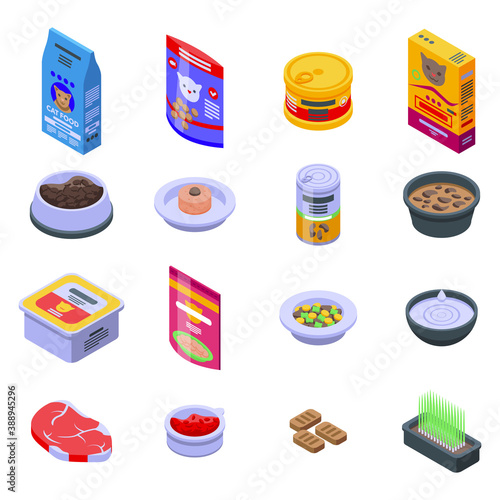 Cat food icons set. Isometric set of cat food vector icons for web design isolated on white background