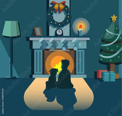 boy and dog sitting front fireplace at home in christmas night concept in cartoon illustration vector 