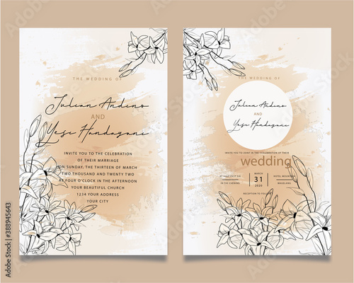 wedding invitation with summer flowers. Black and white vector illustration. floral black line art with Water Brushes Background