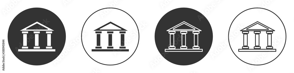 Black Courthouse building icon isolated on white background. Building bank or museum. Circle button. Vector. Black Courthouse building icon isolated on white background. Building bank or museum. Circle button. Vector.