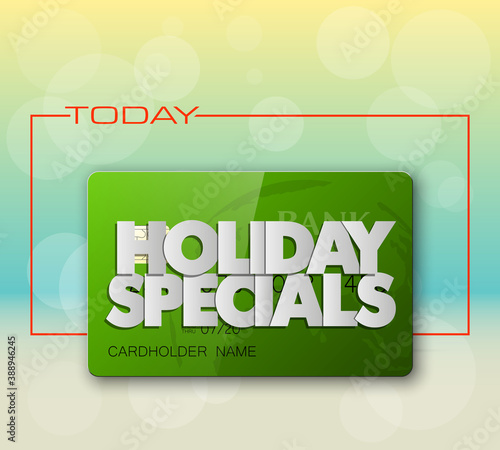 Holiday specials sale & credit bank card banner. Abstract advertising background plastic card icon. Advertising discount poster. online banking tag flyer, Promotional internet shopping sale brochure