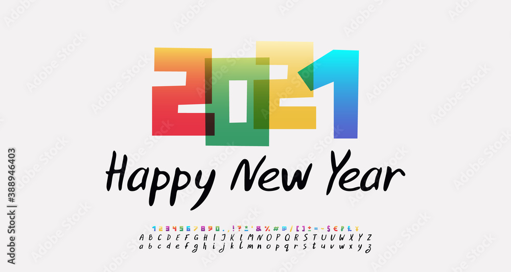 Greeting poster Happy New Year 2021. Multicolor transparent cartoon numbers and handwritten letters font black color. Vector illustration Greeting poster Happy New Year 2021. Multicolor transparent cartoon numbers and handwritten letters font black color. Vector illustration