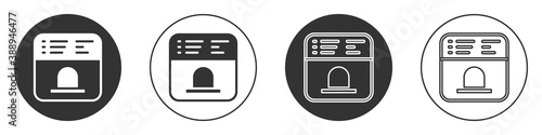 Black Ticket office to buy tickets for train or plane icon isolated on white background. Buying tickets. Ticket service. Circle button. Vector.