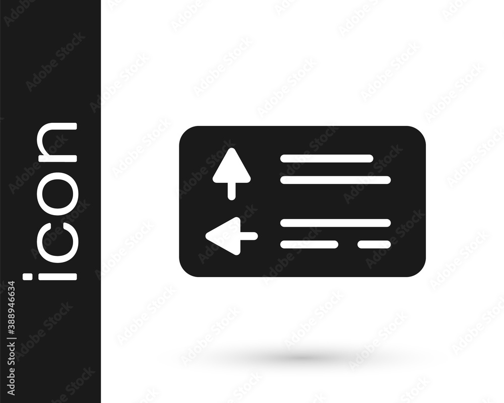 Black Road traffic sign. Signpost icon isolated on white background. Pointer symbol. Street information sign. Direction sign. Vector. Black Road traffic sign. Signpost icon isolated on white background. Pointer symbol. Street information sign. Direction sign. Vector.