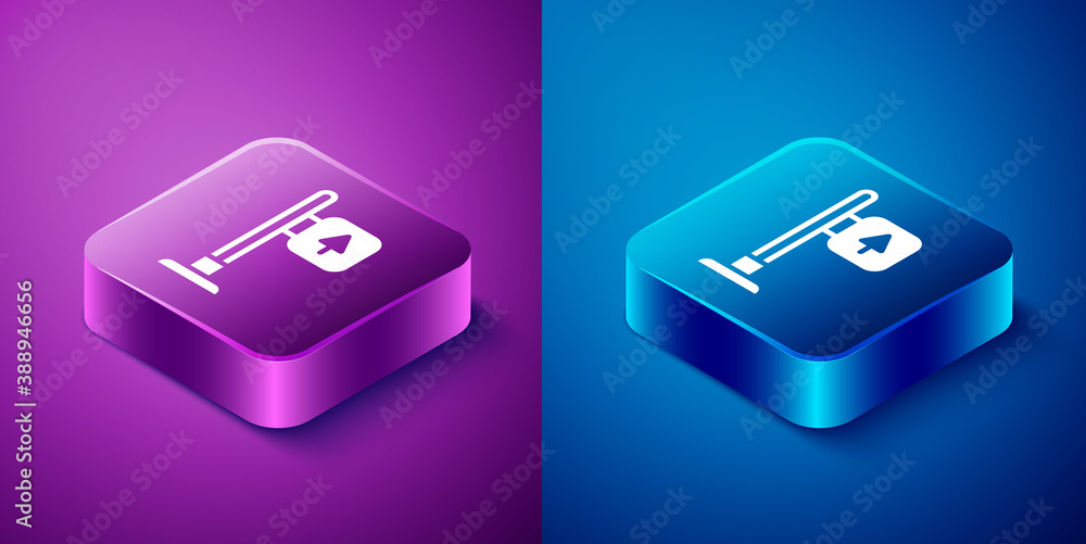 Isometric Road traffic sign. Signpost icon isolated on blue and purple background. Pointer symbol. Street information sign. Direction sign. Square button. Vector. Isometric Road traffic sign. Signpost icon isolated on blue and purple background. Pointer symbol. Street information sign. Direction sign. Square button. Vector.