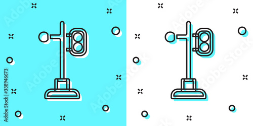 Black line Train traffic light icon isolated on green and white background. Traffic lights for the railway to regulate the movement of trains. Random dynamic shapes. Vector.
