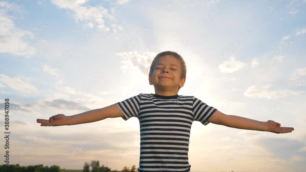 Happy child. A little boy at sunset spread his arms to the sides in the park, turning to the sky. The concept of freedom, bliss, family happiness, the path to a dream. Happy child. A little boy at sunset spread his arms to the sides in the park, turning to the sky. The concept of freedom, bliss, family happiness, the path to a dream.