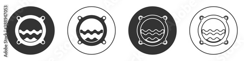 Black Ship porthole with rivets and seascape outside icon isolated on white background. Circle button. Vector.