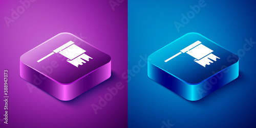 Isometric Pirate flag icon isolated on blue and purple background. Square button. Vector.