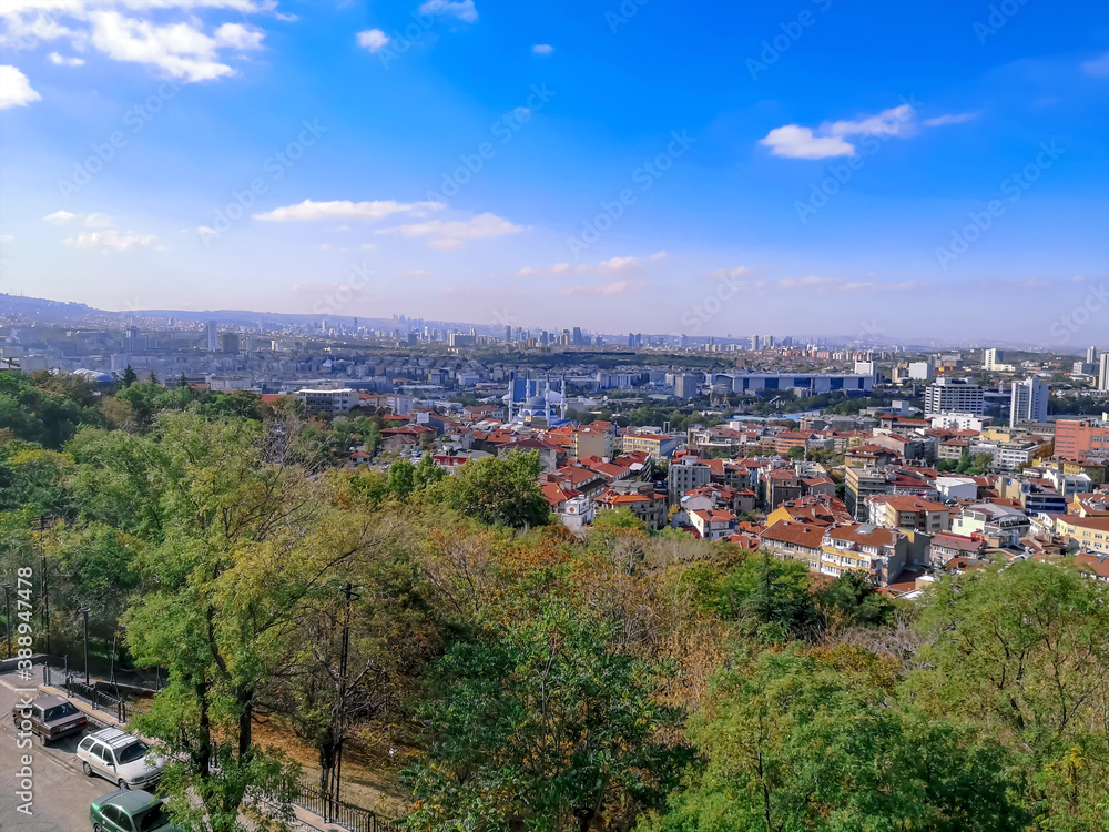 Bird's eye view of Ankara - the capital of Turkey. Summer-autumn panorama of the city from the  wall of Ankara castle