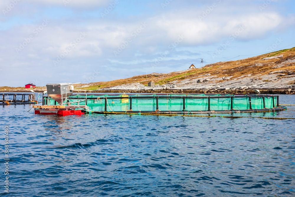 Fish cages in the sea at the coast in Norway