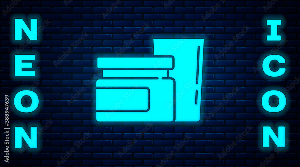 Glowing neon Baby food icon isolated on brick wall background. Vector. Glowing neon Baby food icon isolated on brick wall background. Vector.